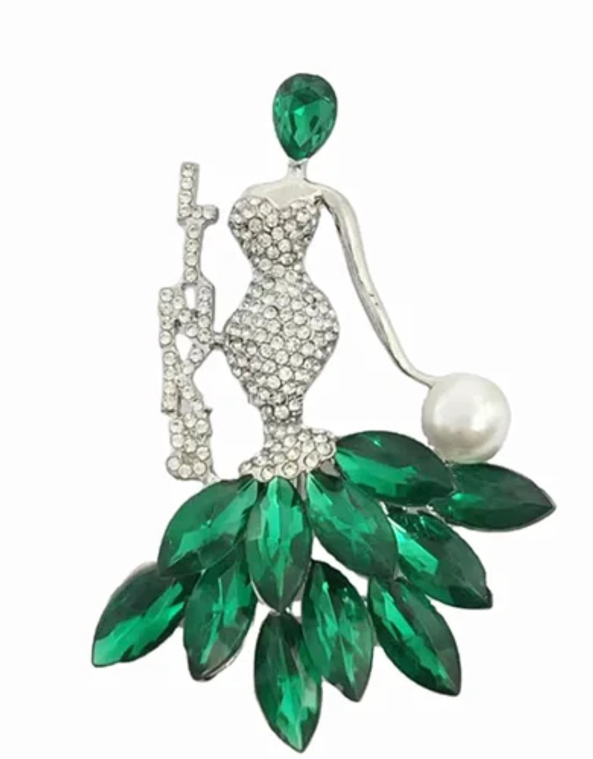 Links Green & White Rhinestone Lady Brooch