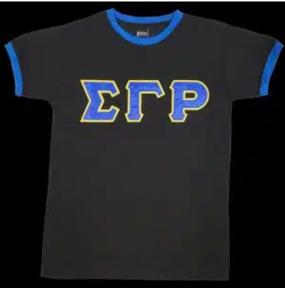 SGRho Black Ringer Tee with Sewn Satin Tackle Twill Letters