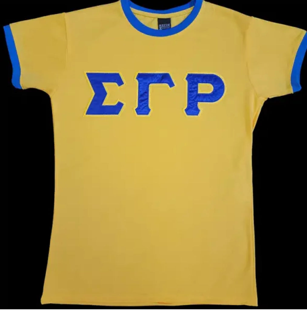SGRho Gold Ringer Tee with Sewn Satin Tackle Twill Letters - (Medium)