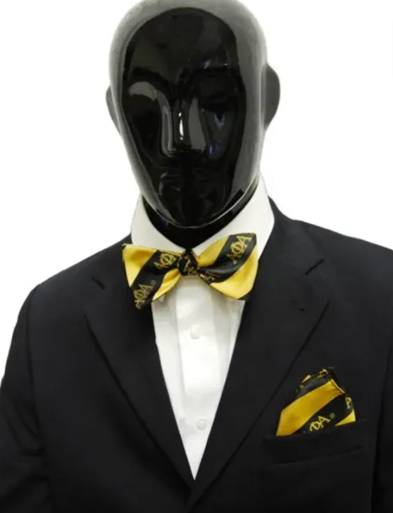 A Phi A Silk Bow Tie & Handkerchief Set Black/Gold
